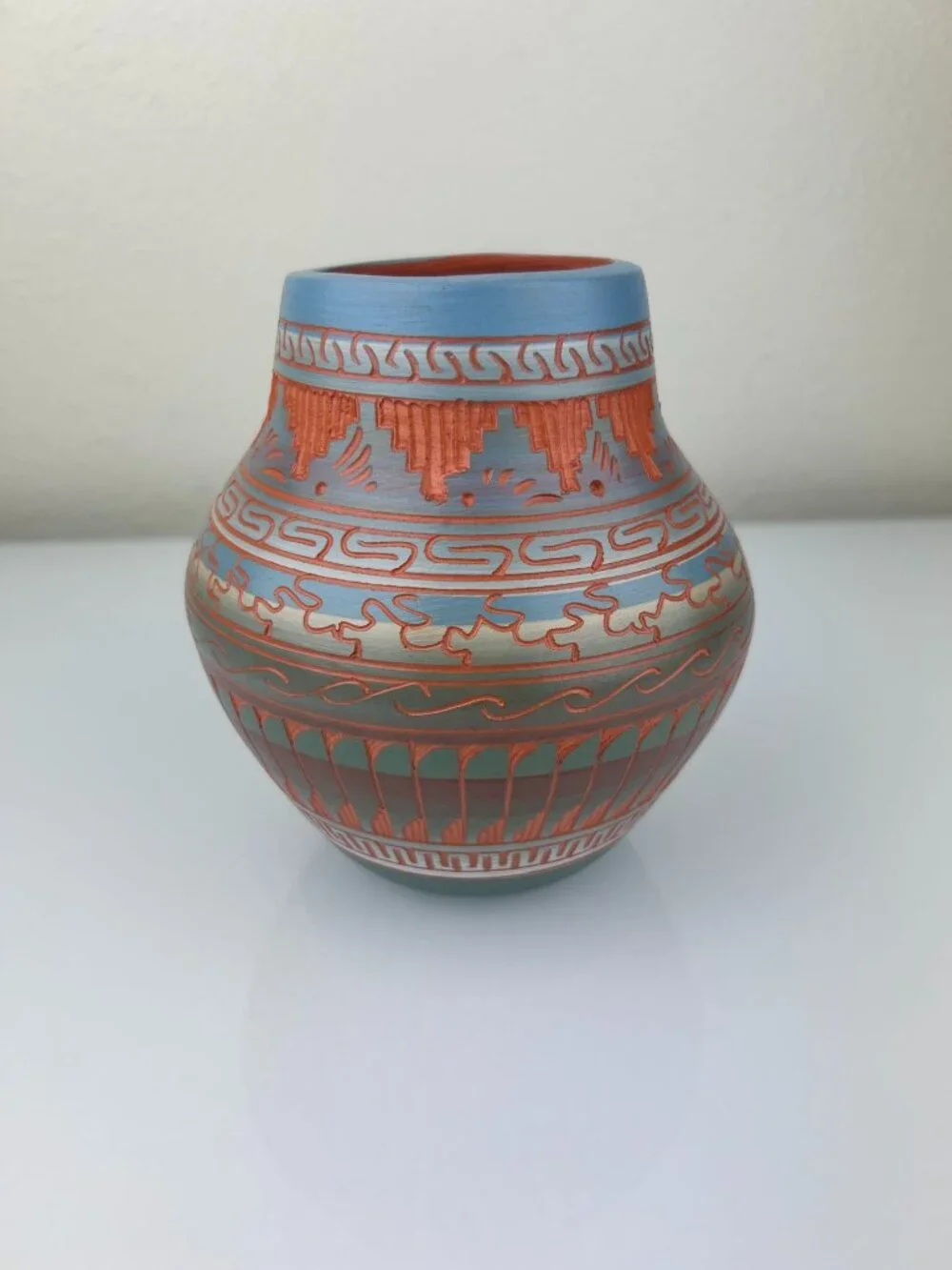 Navajo Pottery Vase Terracotta Red Clay Etched Blue Orange Teal 6